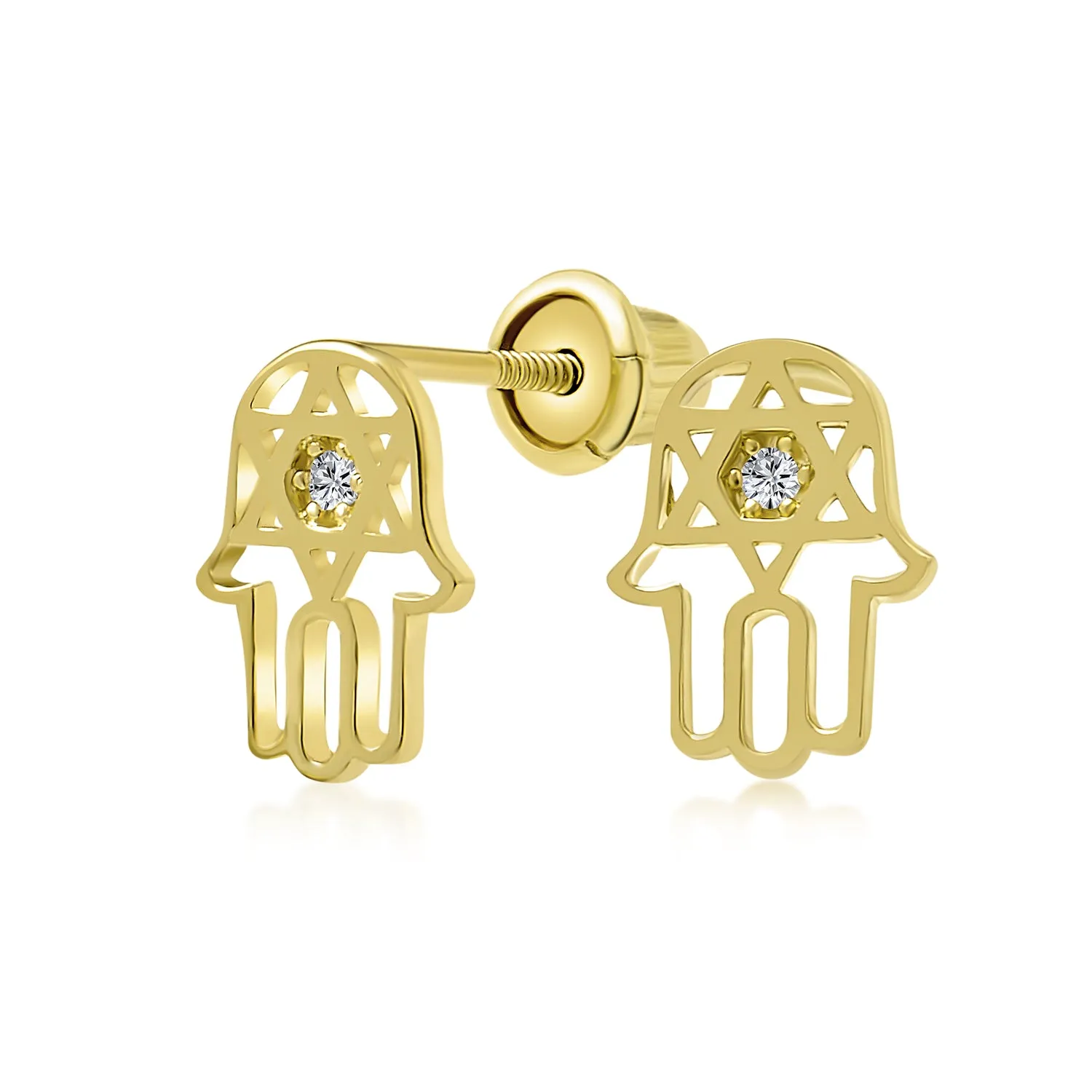 14K Gold Hamsa Chai Life Star Of David Jewish Judaic Stud Earrings