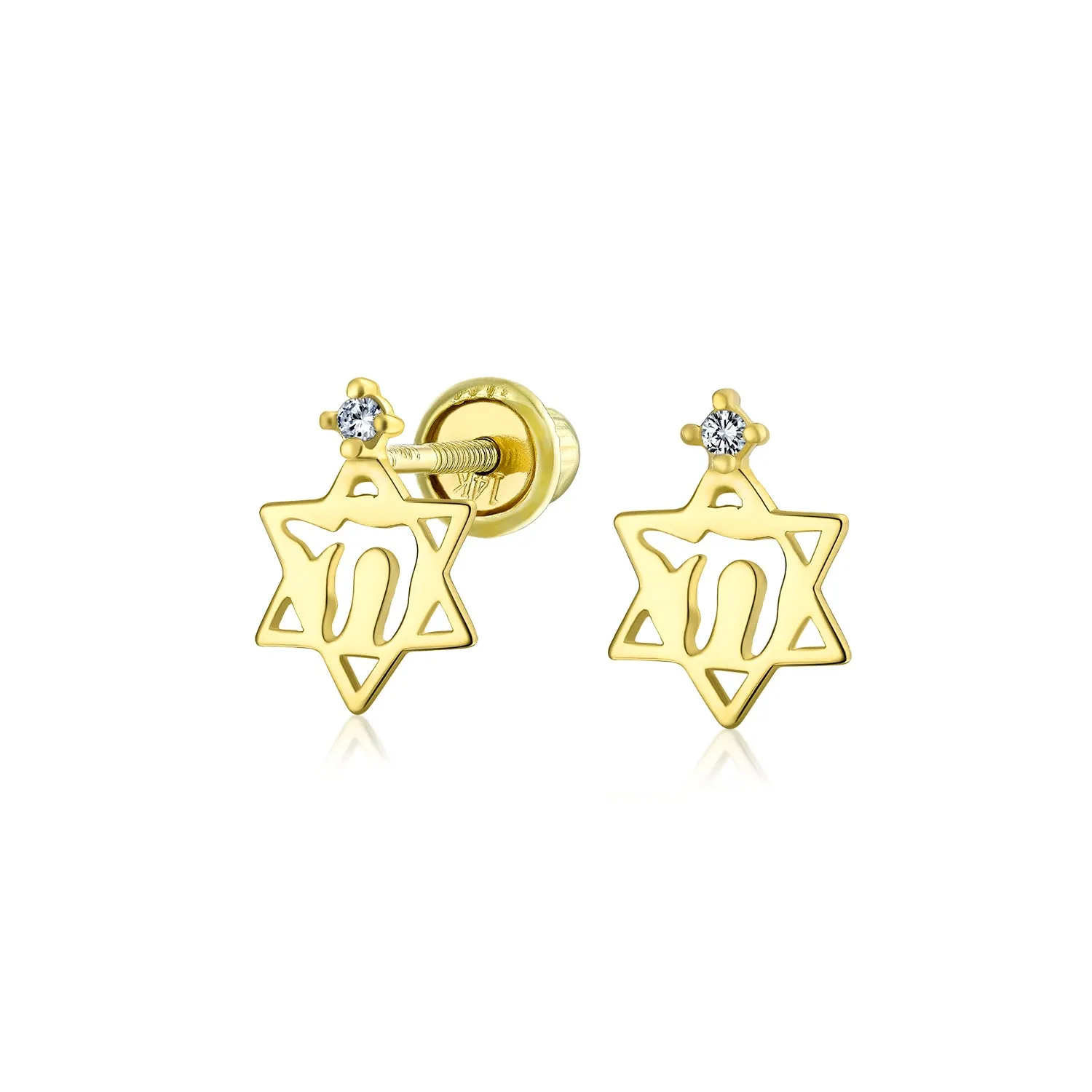 14K Gold Hamsa Chai Life Star Of David Jewish Judaic Stud Earrings