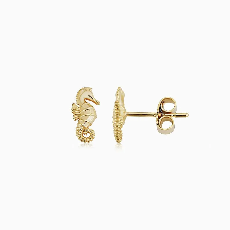 14k Gold Seahorse Stud Earrings