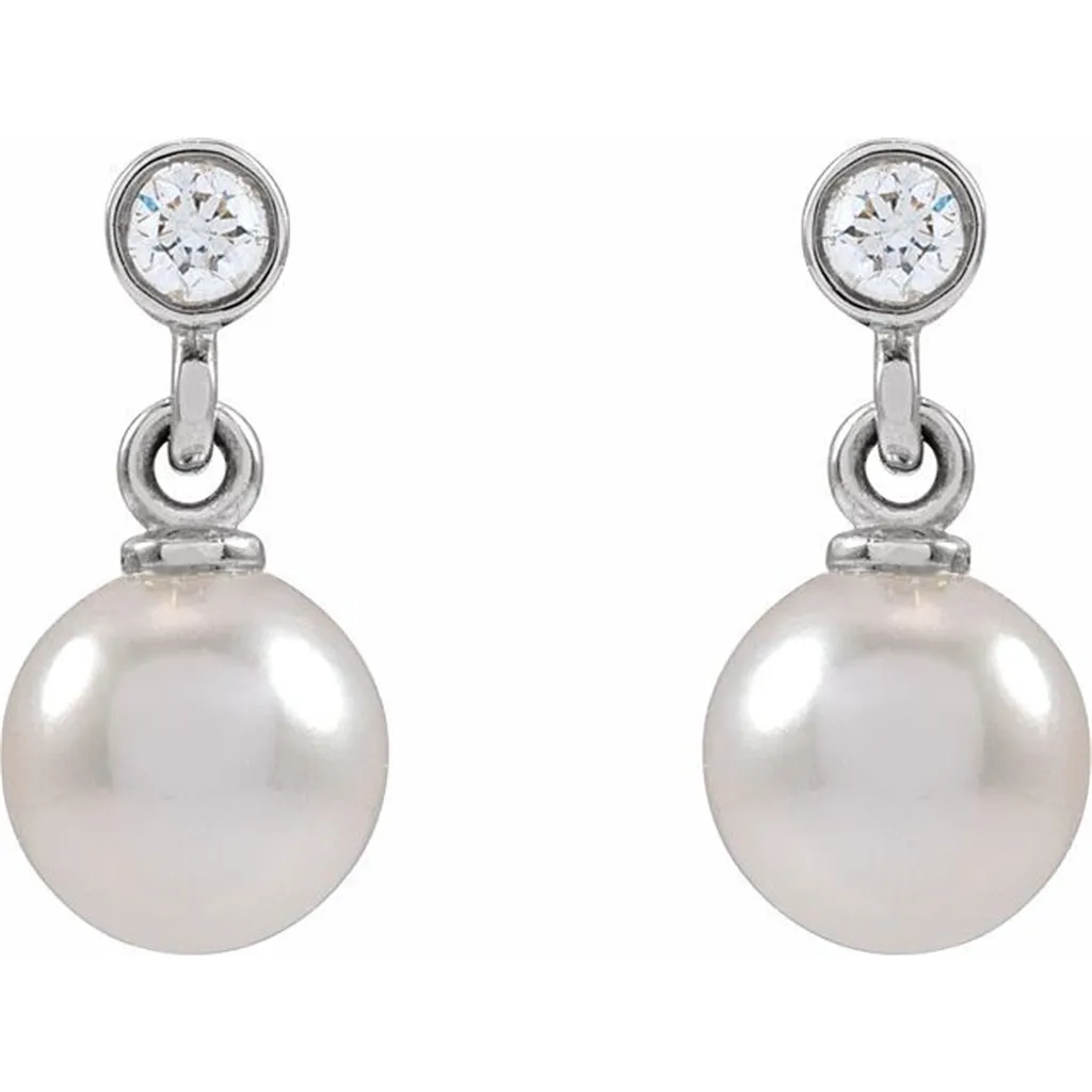 14K White Gold Cultured White Akoya Pearl & .06 CTW Natural Diamond Earrings