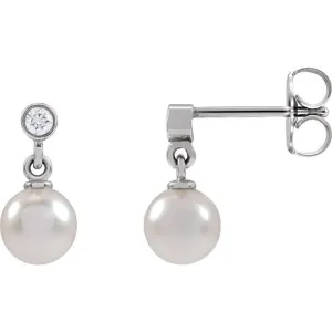 14K White Gold Cultured White Akoya Pearl & .06 CTW Natural Diamond Earrings