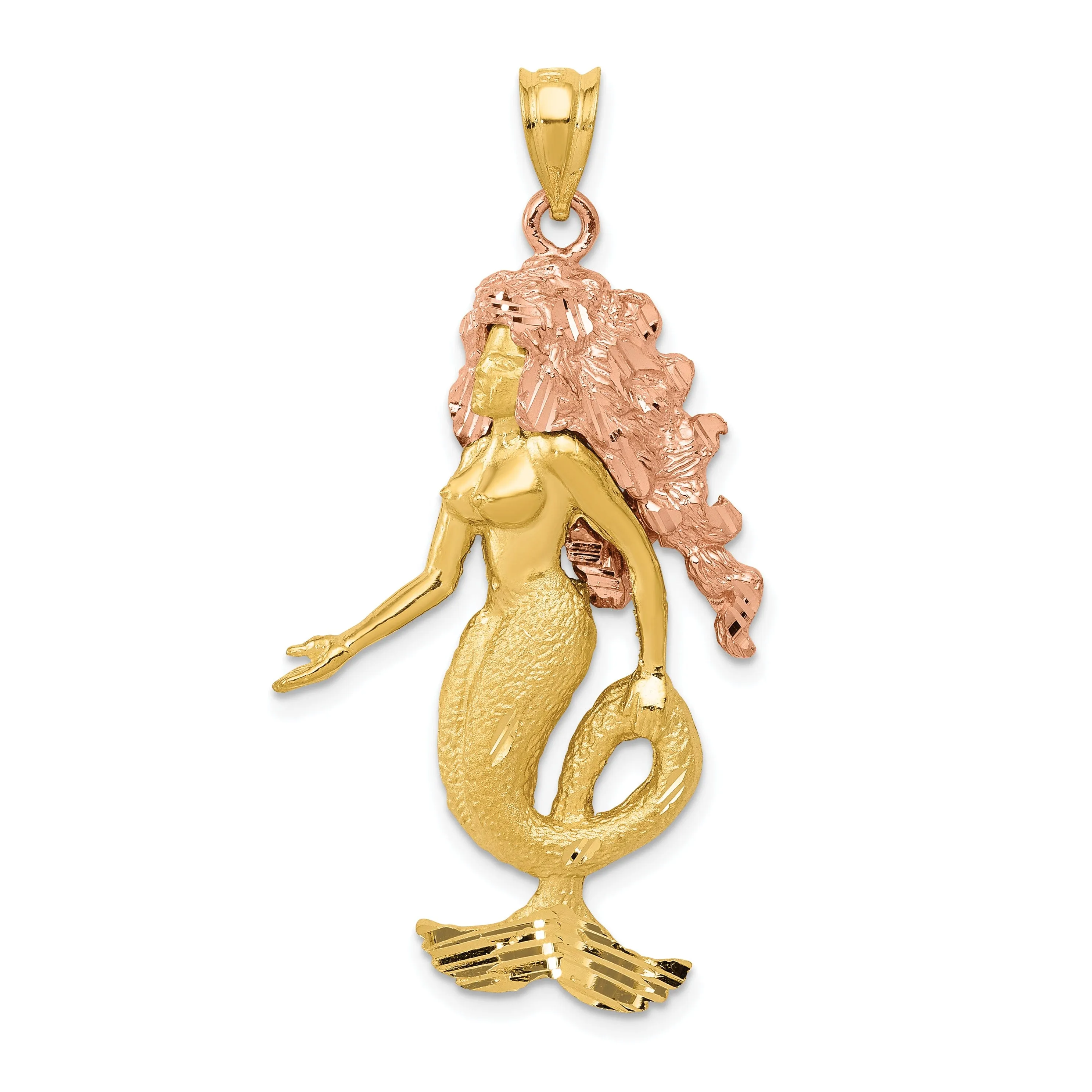 14k Yellow Rose Gold Solid Satin Diamond Cut Finish Mermaid Charm Pendant