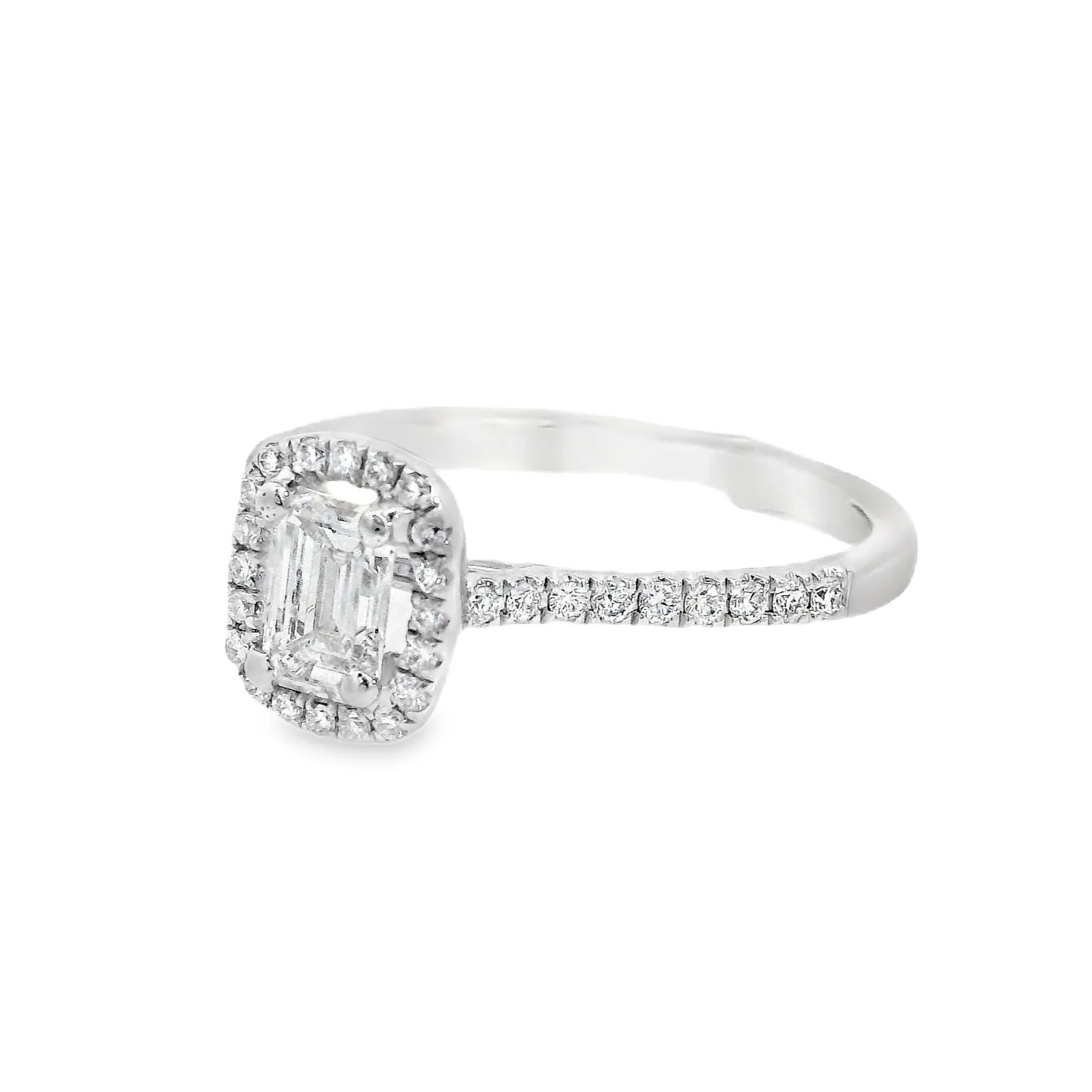 18K White Emerald Cut Diamond 0.58Ct Halo Engagement Ring