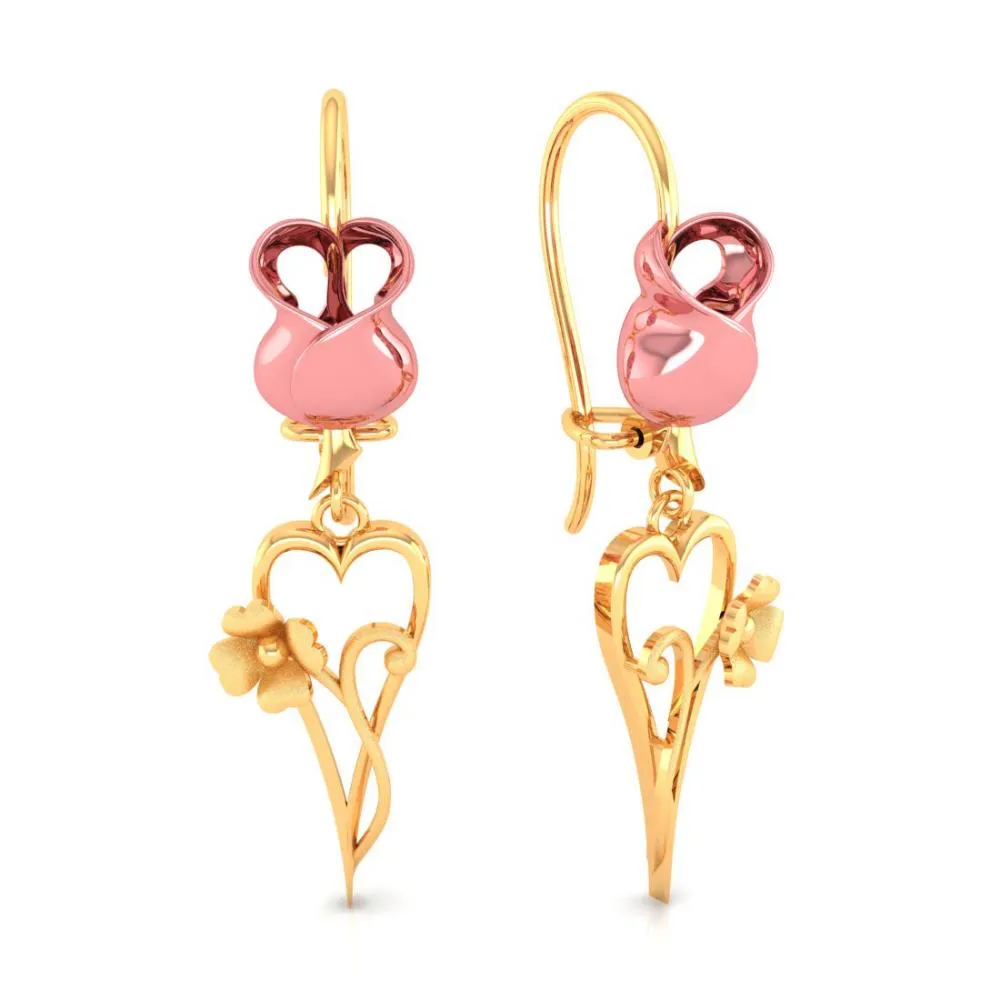 18k Yellow With Heart And Flower Designed Gold Earrings