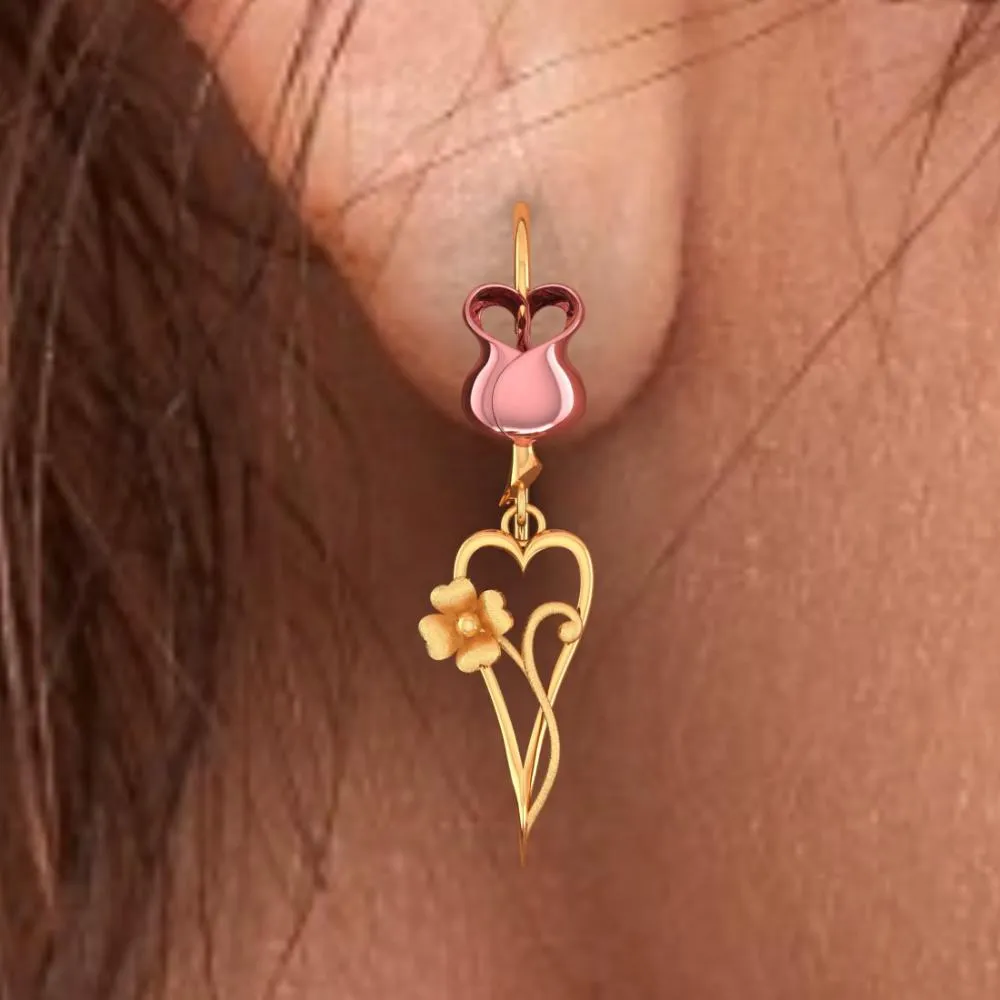 18k Yellow With Heart And Flower Designed Gold Earrings