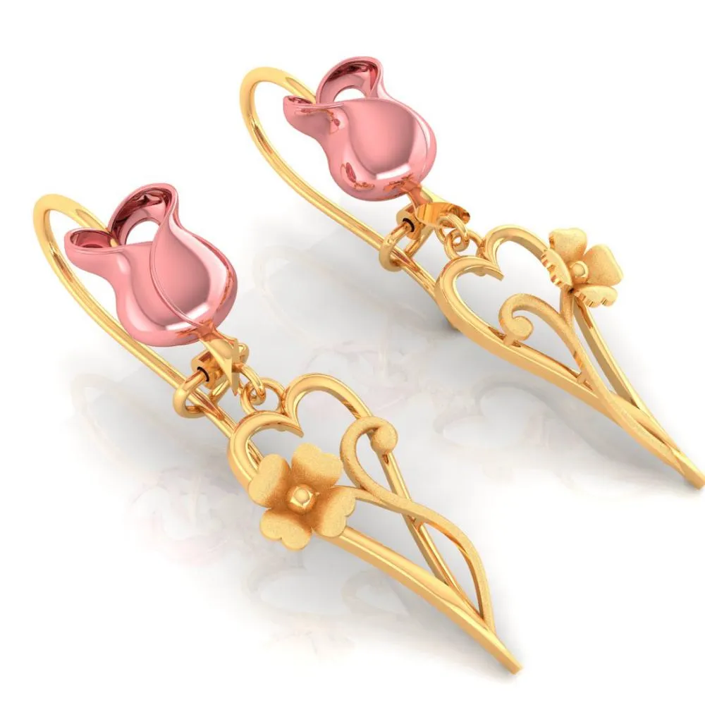 18k Yellow With Heart And Flower Designed Gold Earrings