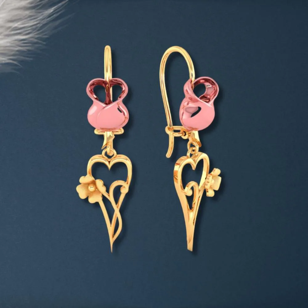 18k Yellow With Heart And Flower Designed Gold Earrings