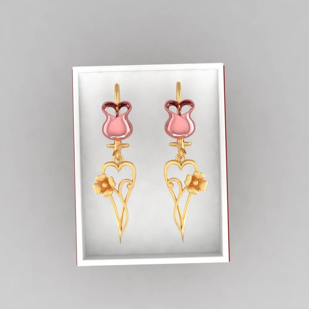 18k Yellow With Heart And Flower Designed Gold Earrings