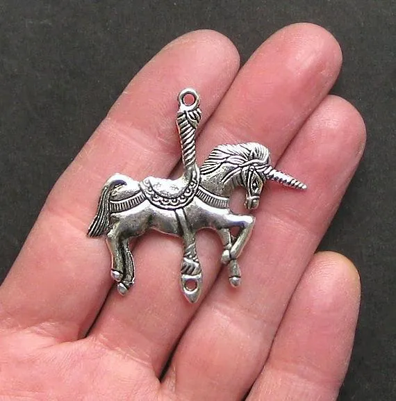 2 Carousel Unicorn Connector Antique Silver Tone Charms - SC1153