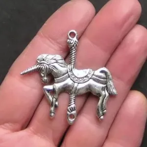 2 Carousel Unicorn Connector Antique Silver Tone Charms - SC1153