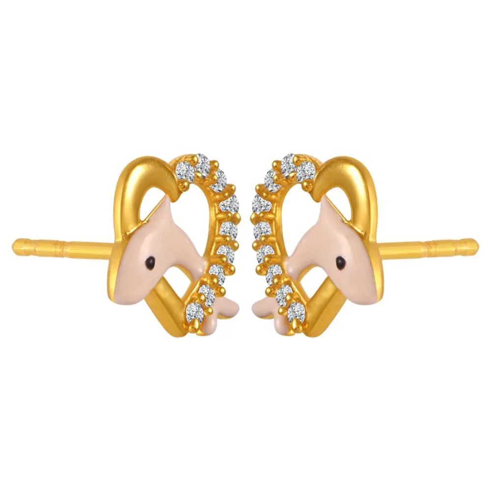 22k Gold Earrings With Peach Dolphin Motifs In Stone-studded Hearts