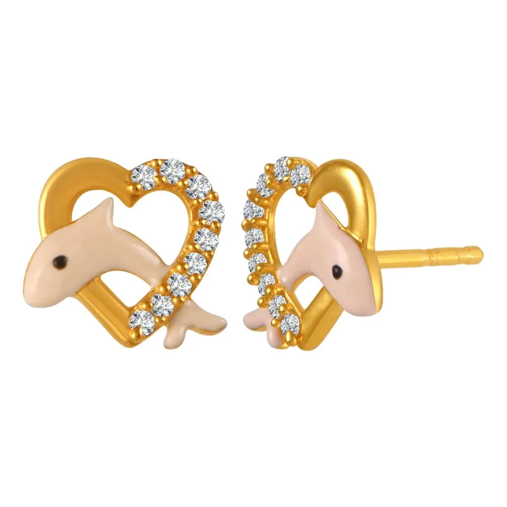 22k Gold Earrings With Peach Dolphin Motifs In Stone-studded Hearts