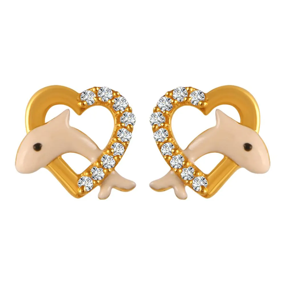 22k Gold Earrings With Peach Dolphin Motifs In Stone-studded Hearts