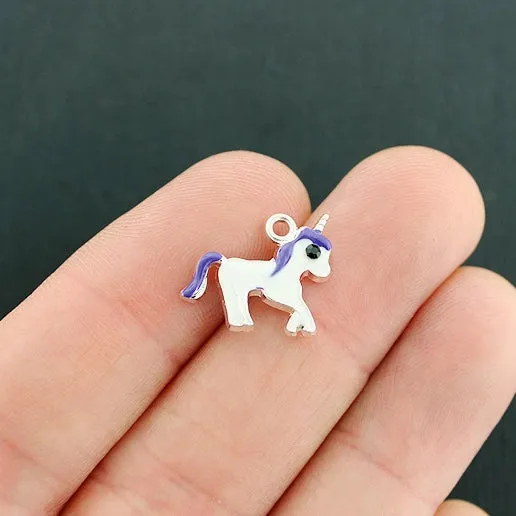 5 Unicorn Silver Tone Enamel Charms - E692