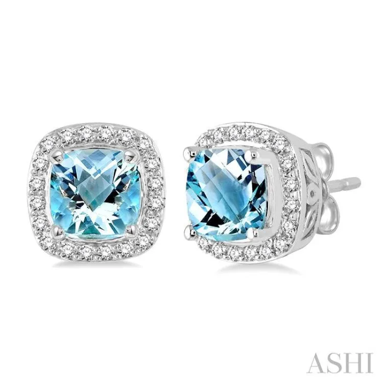 6x6 mm Cushion Cut Aquamarine and 1/4 Ctw Round Cut Diamond Earrings in 14K White Gold