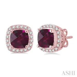 6x6 mm Cushion Cut Rhodolite Garnet and 1/4 Ctw Round Cut Diamond Earrings in 14K Rose Gold