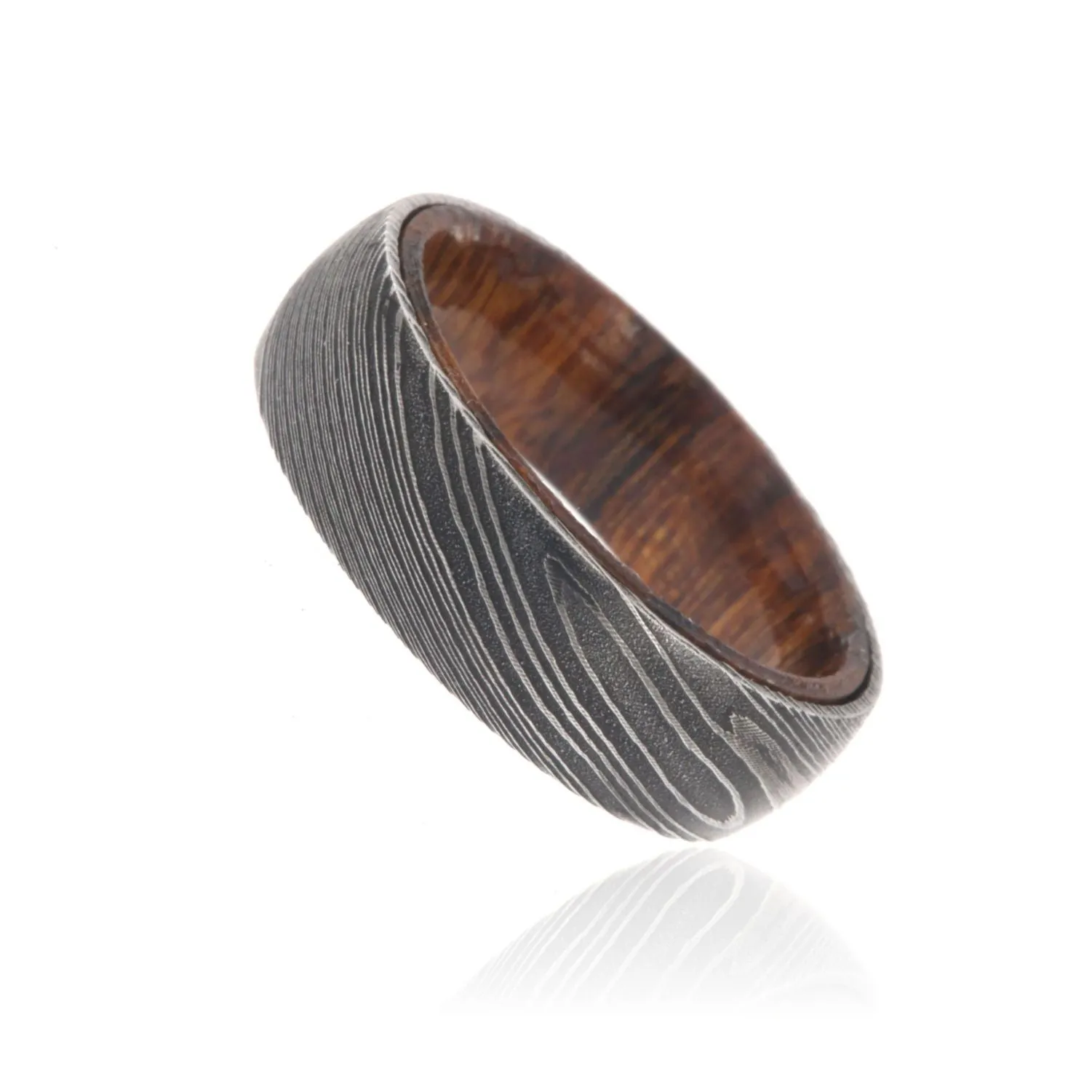 7mm Wide Black Acid Etched Damascus Steel Ring With Arizona Ironwood Sleeve USA Made Wedding Bands