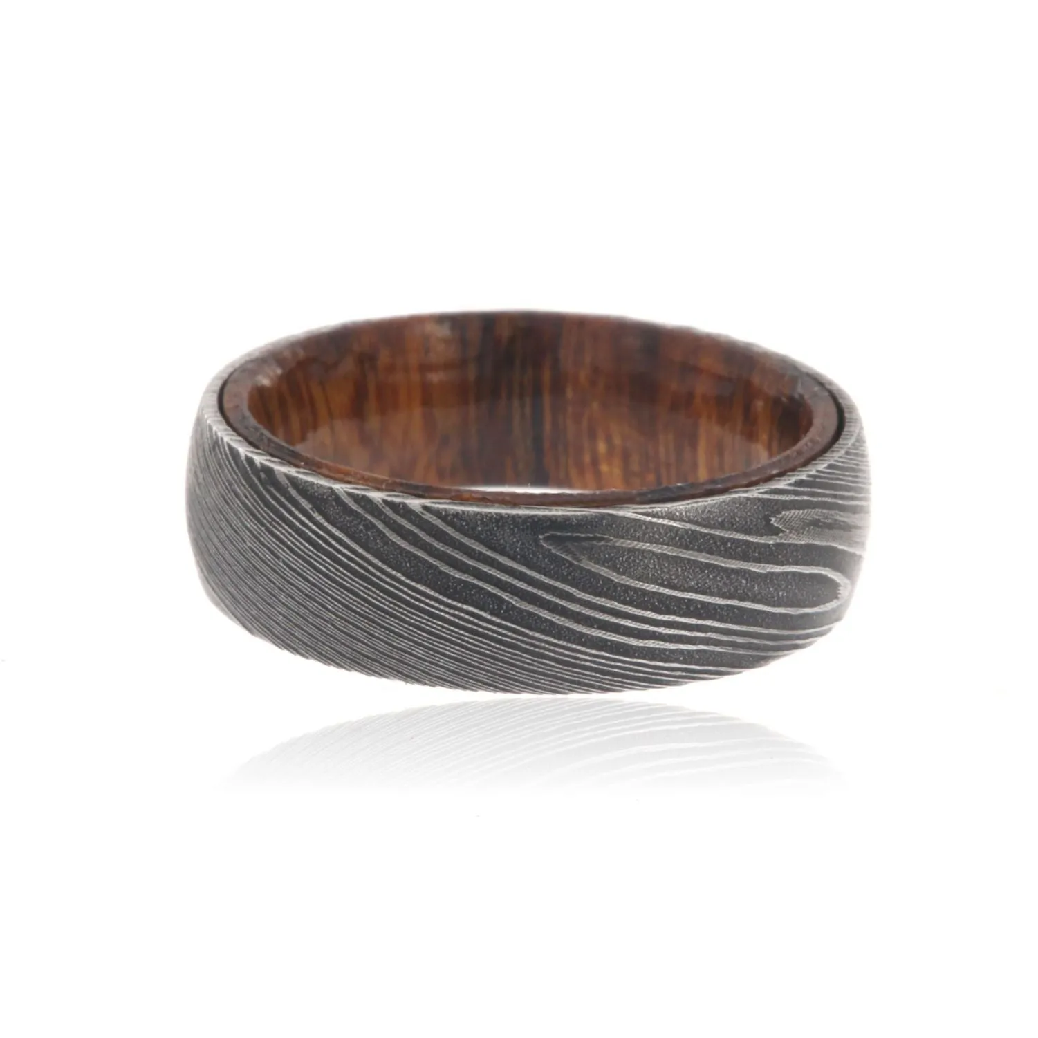 7mm Wide Black Acid Etched Damascus Steel Ring With Arizona Ironwood Sleeve USA Made Wedding Bands