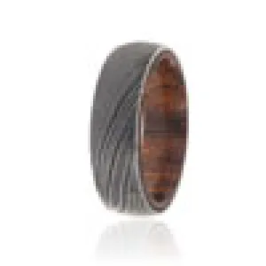 7mm Wide Black Acid Etched Damascus Steel Ring With Arizona Ironwood Sleeve USA Made Wedding Bands