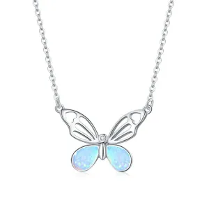 925 Sterling Silver Colorful Opal Butterfly Pendant Necklace Hollow Pattern Insect Neck Chain Women Fine Jewelry