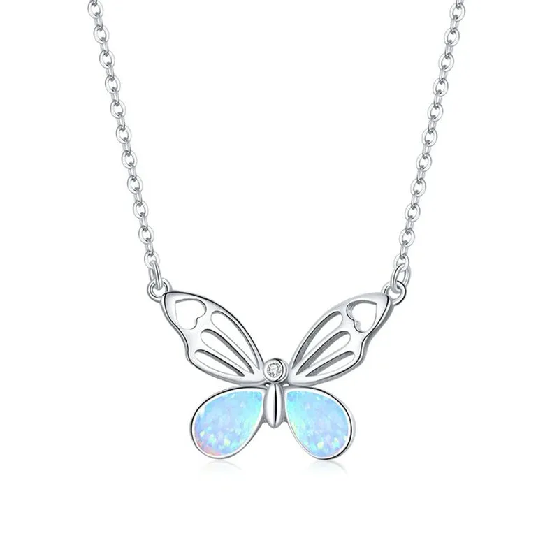 925 Sterling Silver Colorful Opal Butterfly Pendant Necklace Hollow Pattern Insect Neck Chain Women Fine Jewelry