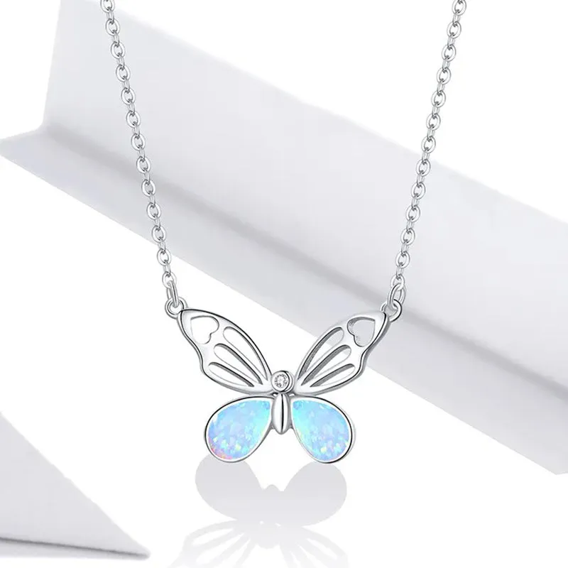 925 Sterling Silver Colorful Opal Butterfly Pendant Necklace Hollow Pattern Insect Neck Chain Women Fine Jewelry