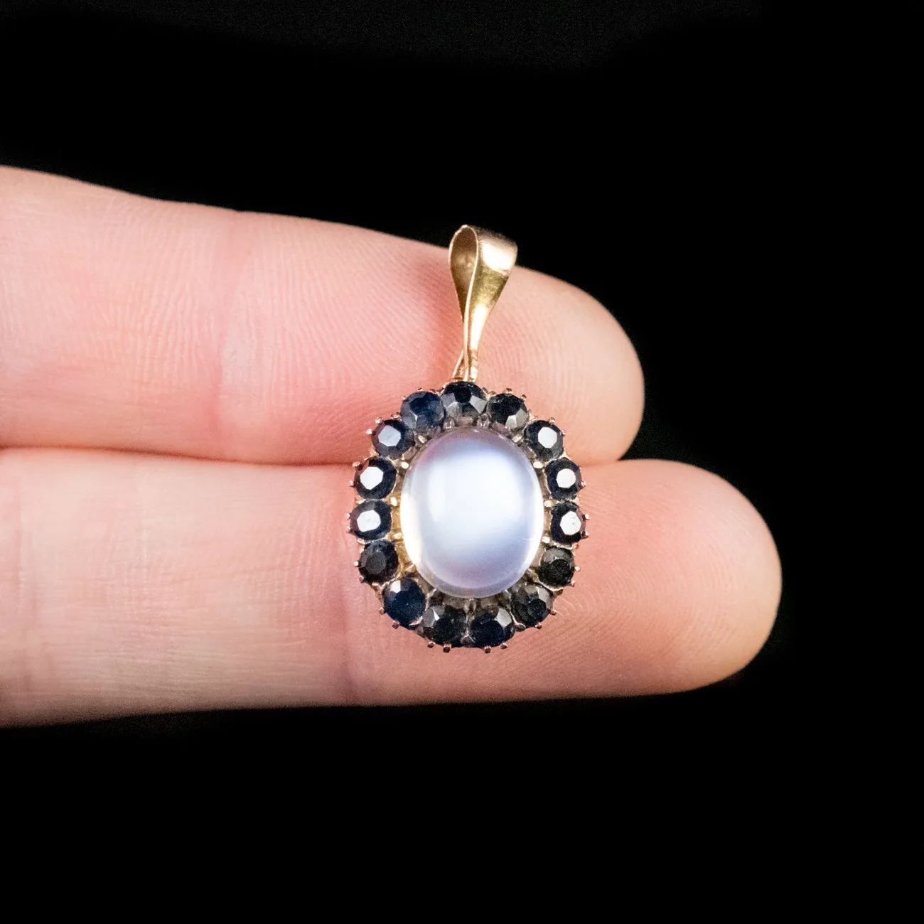 Antique Victorian Moonstone Sapphire Pendant 9Ct Gold Circa 1900