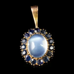 Antique Victorian Moonstone Sapphire Pendant 9Ct Gold Circa 1900