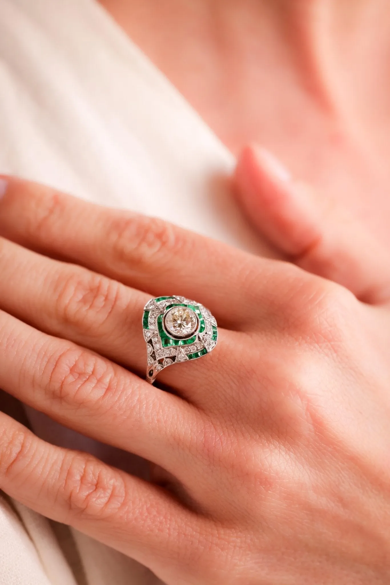 Art Deco Inspired .83 Carat Diamond Emerald Platinum Ring