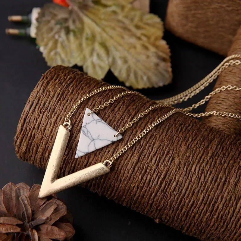 Artificial Marble Triangle Pendant Multi-Layer Necklaces Charm Jewelry KMOS0400