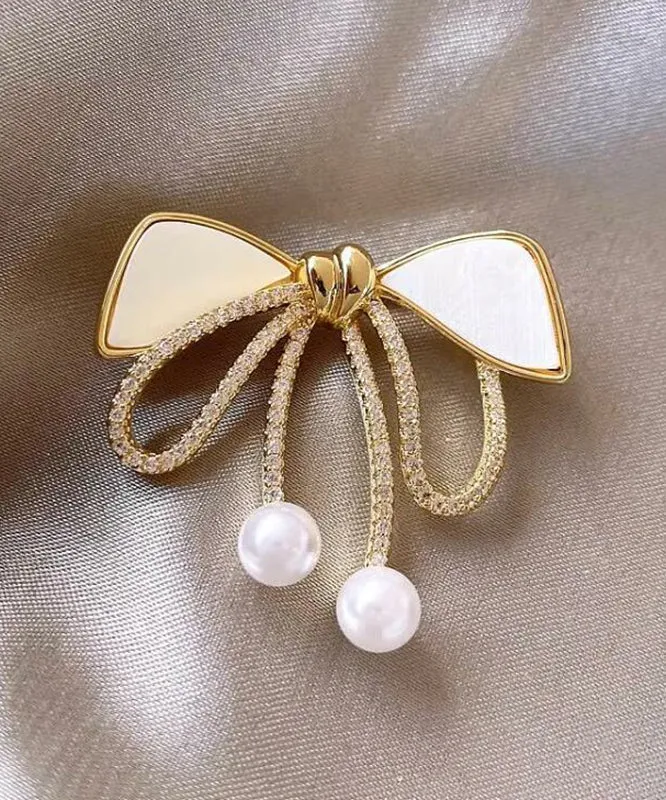 Beautiful Gold Sterling Silver Alloy Zircon Bow Pearl Brooches WP005