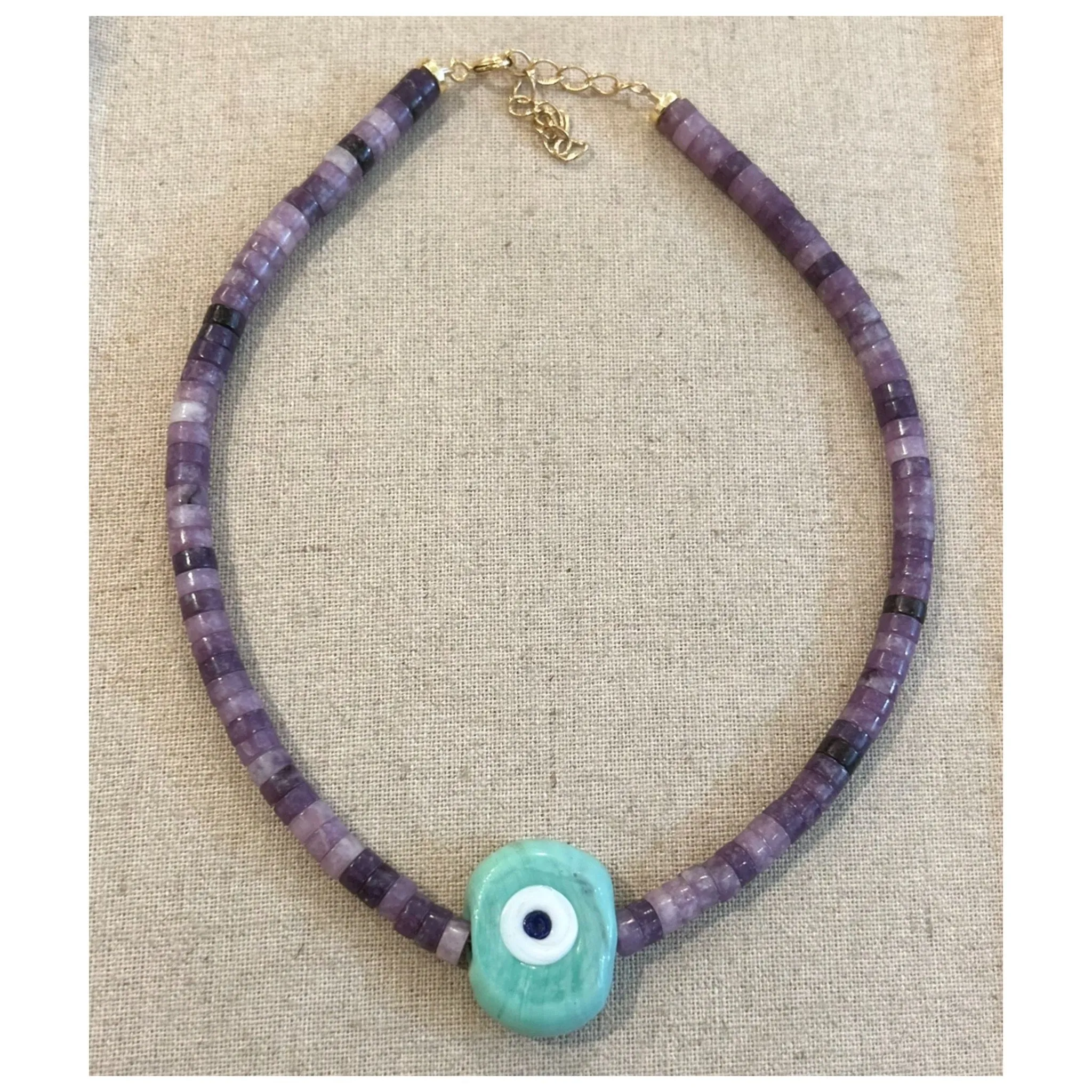 Biggie Aqua Nazar Purple Agate Medium Heishi Necklace