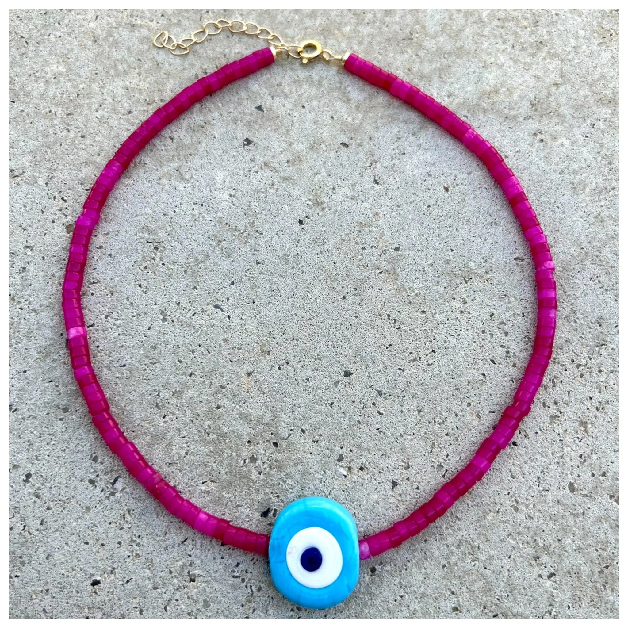 Biggie Turquoise Nazar Pink Agate Heishi Necklace