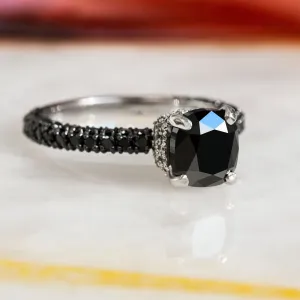 Black Magic - 4 Carats Double Hidden Halo Natural Black Diamond Cushion Engagement Ring in White Gold