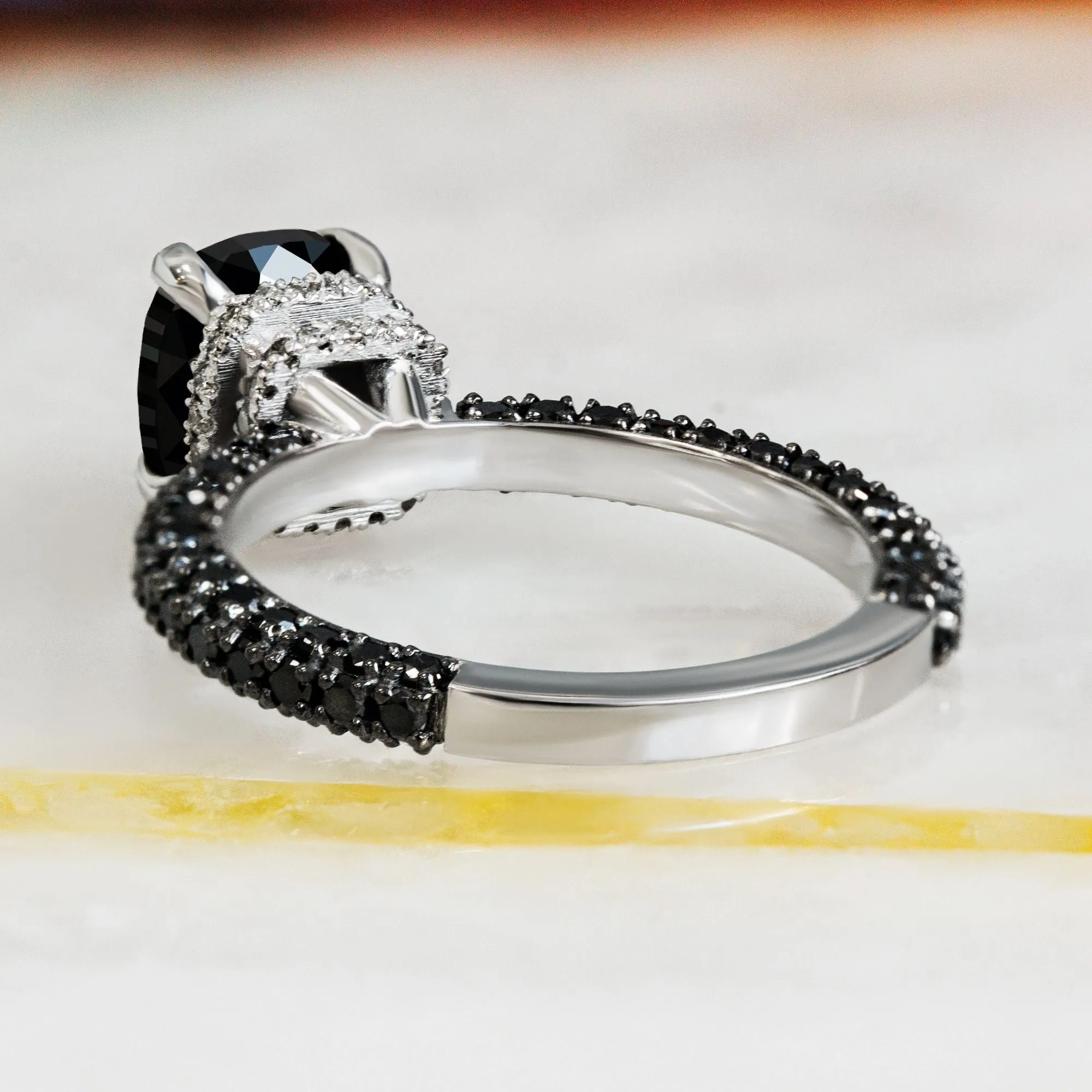 Black Magic - 4 Carats Double Hidden Halo Natural Black Diamond Cushion Engagement Ring in White Gold