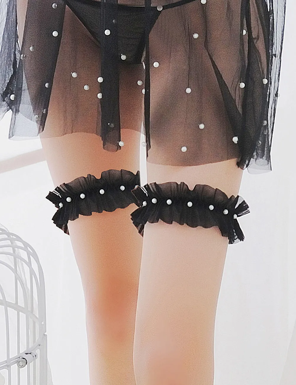 Black Mesh Leg Rings With Imitation Pearls