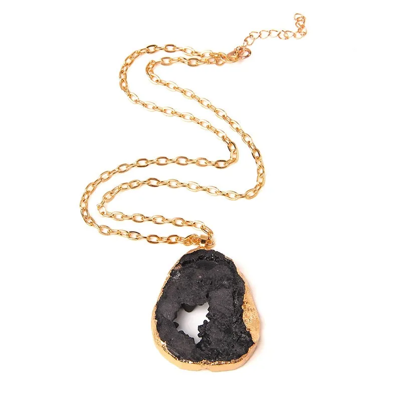 Blue black pink Natural druzy quartz crystal agates gem stone necklace metal chain men women necklace jewelry gift wholesale