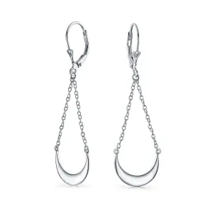 Boho Crescent Moon Dangle Earrings Sterling Silver Teardrop Chain Design