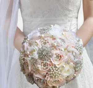 CB099 ~ Blush Ivory Light Pink Silk Rose Brooch Bouquet