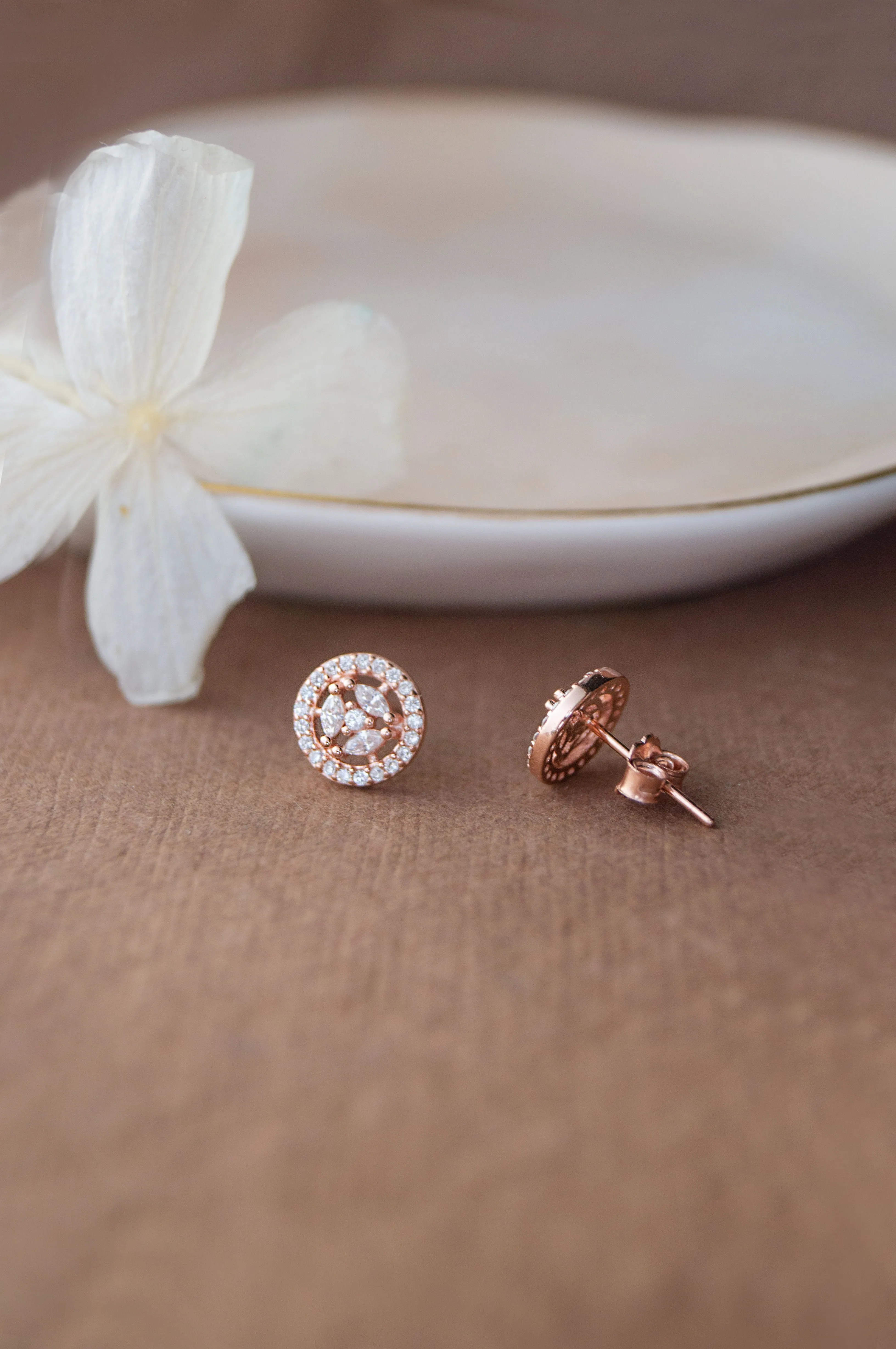 Circular Floret Rose Gold Plated Sterling Silver Stud Earrings