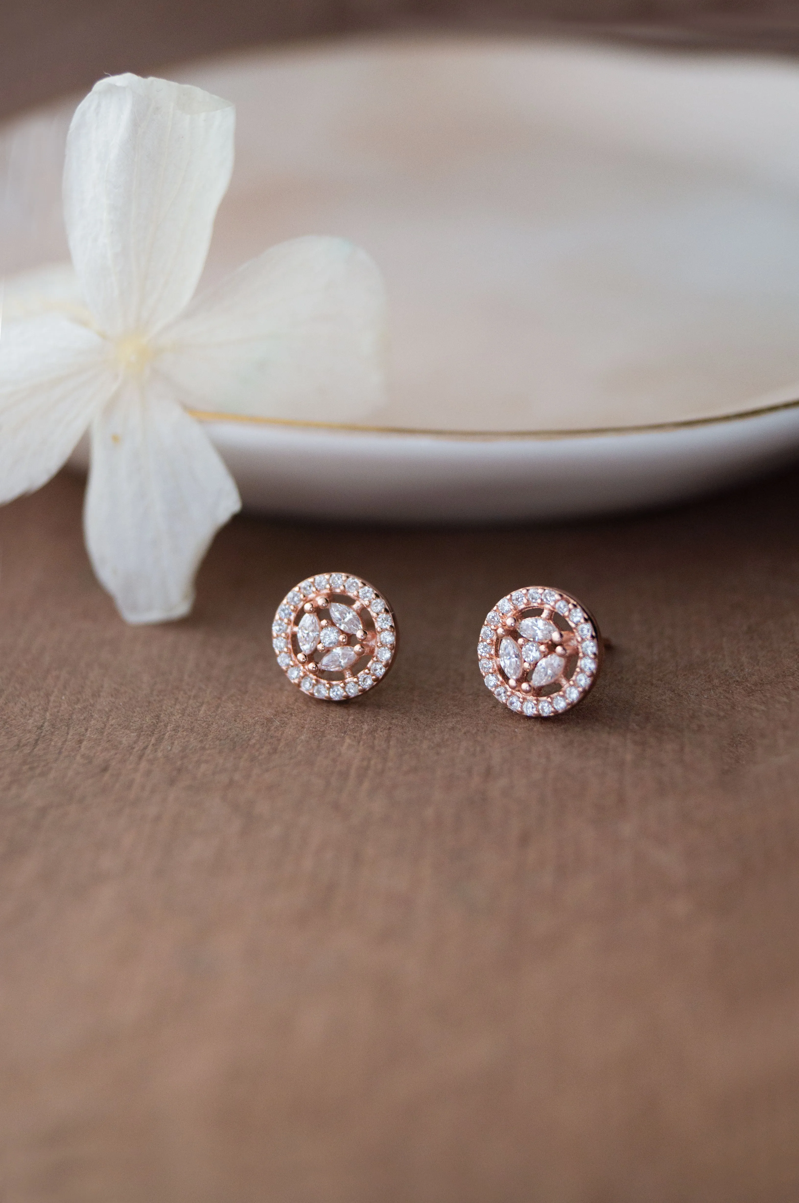 Circular Floret Rose Gold Plated Sterling Silver Stud Earrings