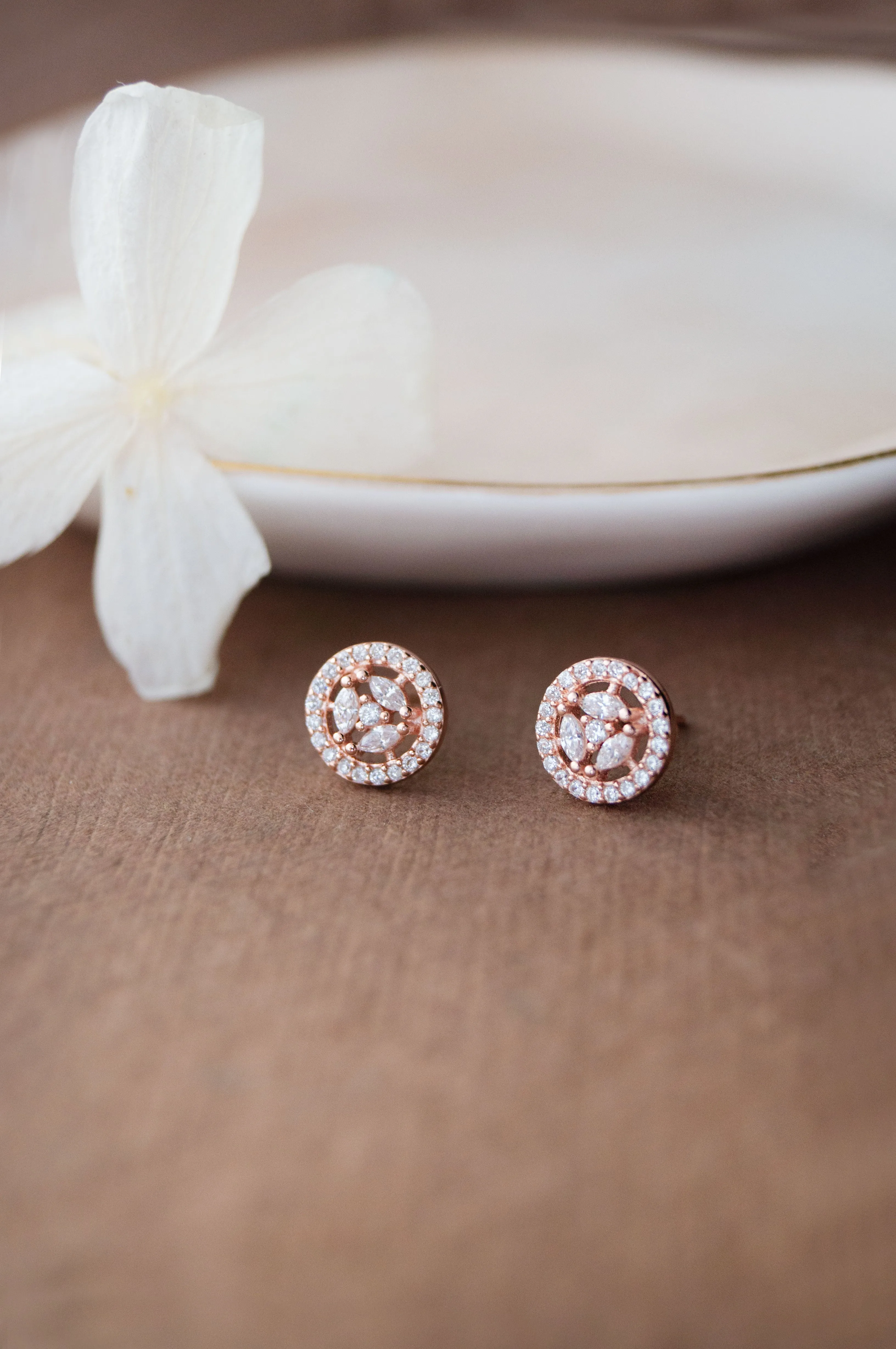 Circular Floret Rose Gold Plated Sterling Silver Stud Earrings