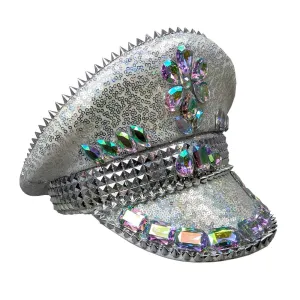 Deluxe Silver Sequin Festival Cap with Studs and Gems