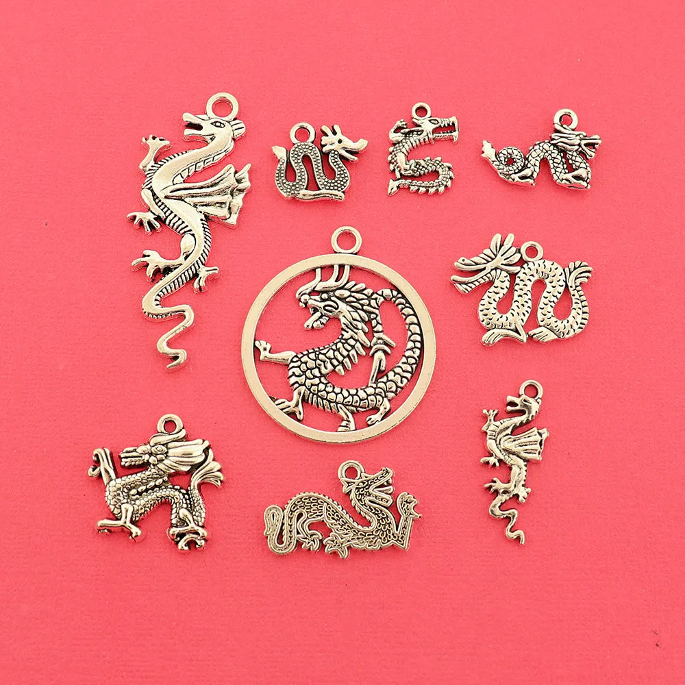 Dragon Collection Antique Silver Tone 9 Different Charms - COL437H