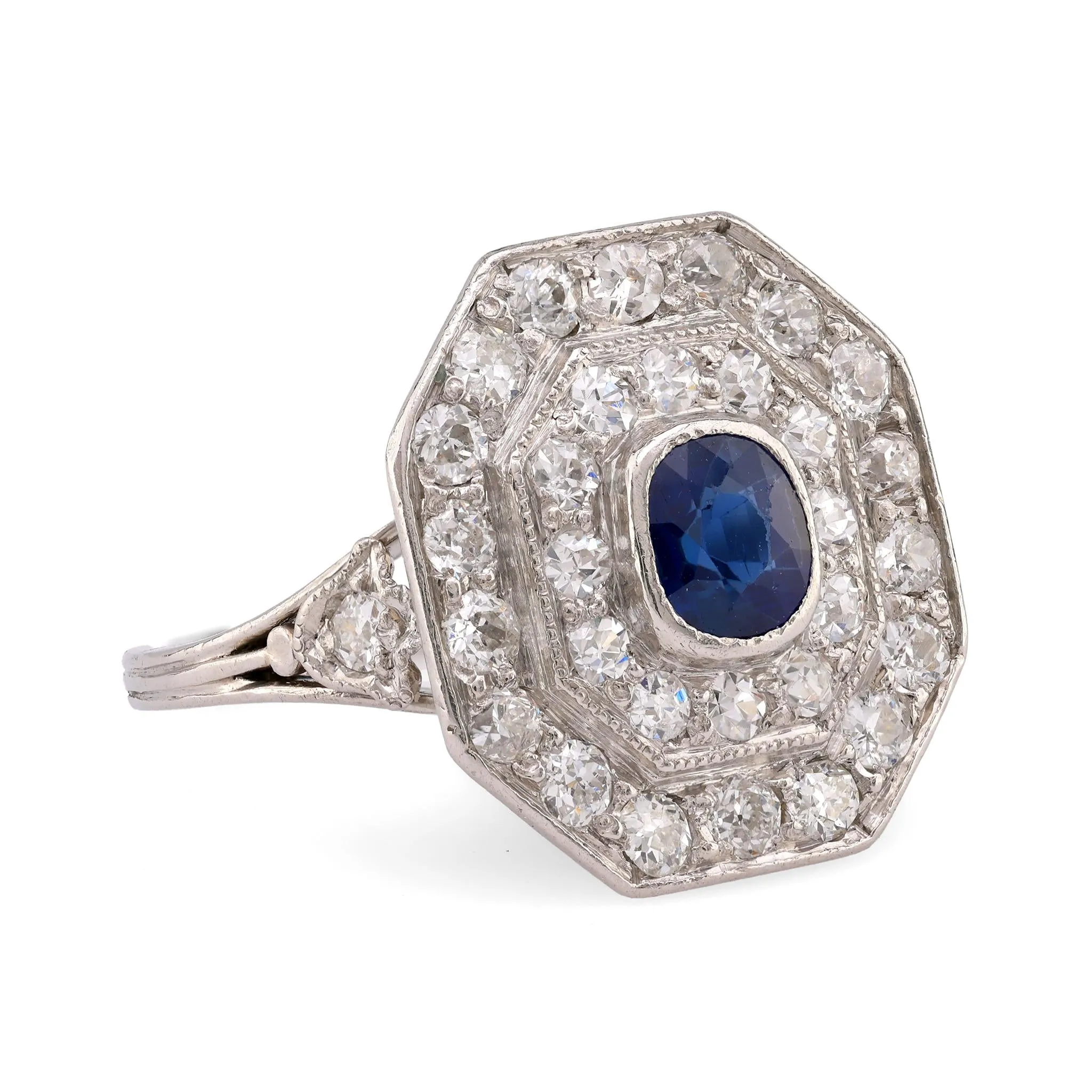 Edwardian Sapphire Diamond Platinum Double Halo Ring