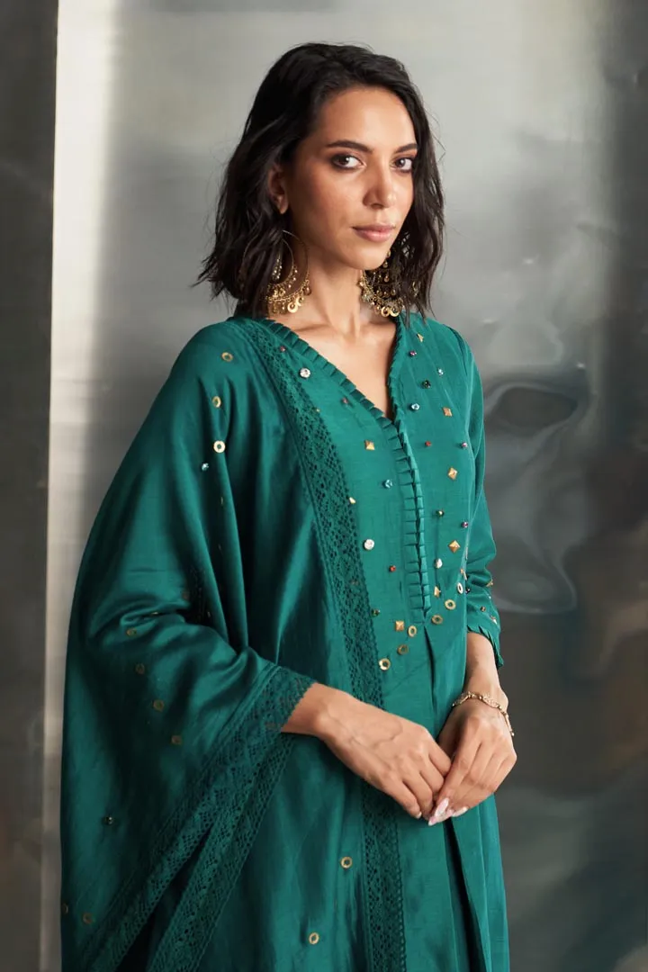 Emerald Green Chanderi Pleated Neck Kurta