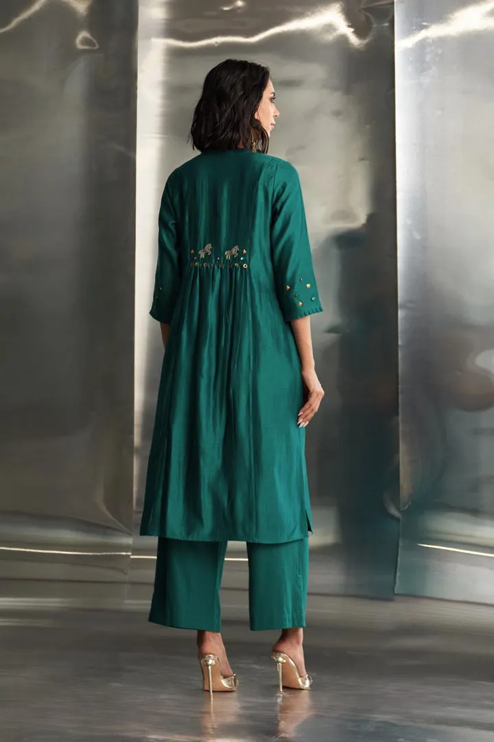 Emerald Green Chanderi Pleated Neck Kurta