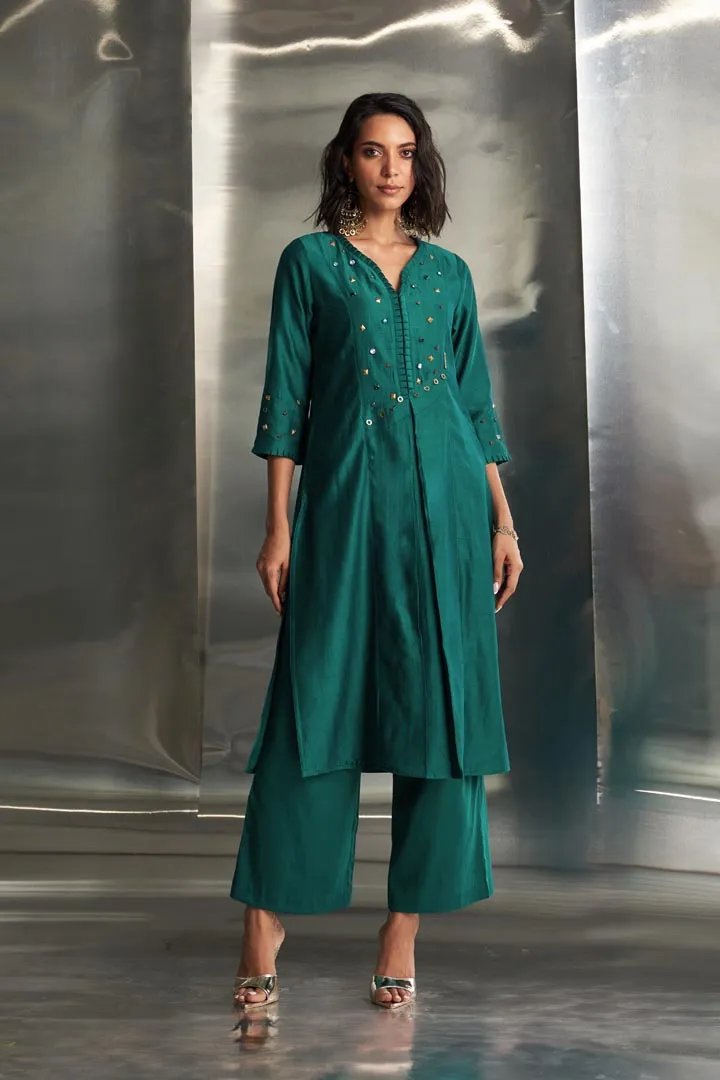 Emerald Green Chanderi Pleated Neck Kurta