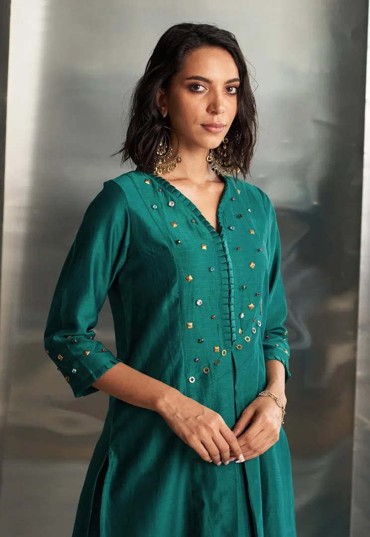 Emerald Green Chanderi Pleated Neck Kurta