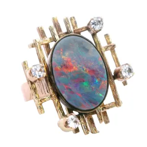 Exquisite 9ct Yellow Gold Opal Doublet & White Sapphire Ring